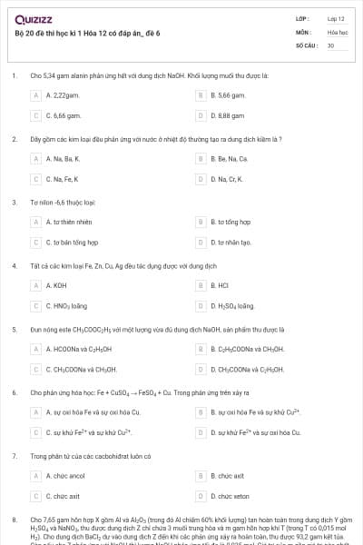 Bộ 20 đề thi học kì 1 Hóa 12 có đáp án_ đề 6