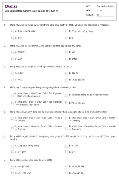 700 Câu hỏi trắc nghiệm Excel có đáp án (Phần 4)