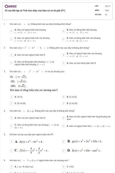 53 câu Bài tập về Tính đơn điệu của hàm số có lời giải (P1)
