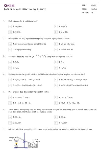 Bộ 30 đề thi học kì 1 Hóa 11 có đáp án (Đề 12)