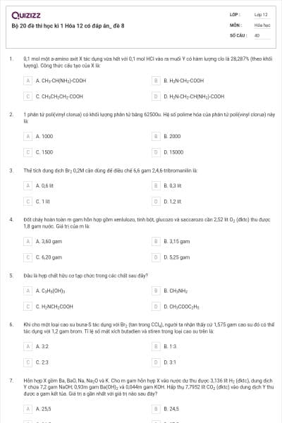 Bộ 20 đề thi học kì 1 Hóa 12 có đáp án_ đề 8