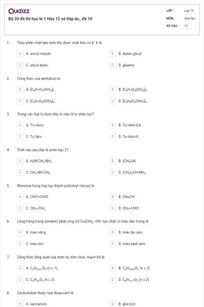 Bộ 20 đề thi học kì 1 Hóa 12 có đáp án_ đề 10
