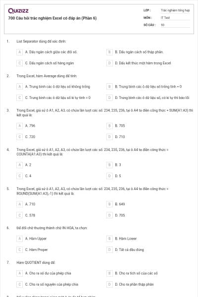 700 Câu hỏi trắc nghiệm Excel có đáp án (Phần 6)