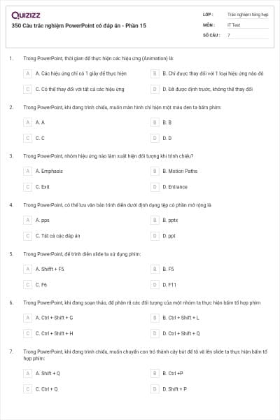 350 Câu trắc nghiệm PowerPoint có đáp án  - Phần 15