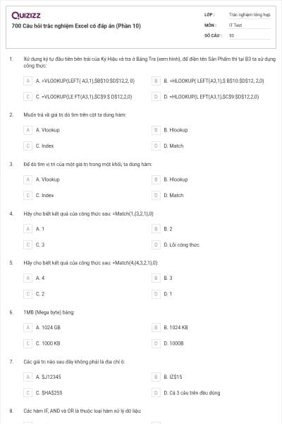 700 Câu hỏi trắc nghiệm Excel có đáp án (Phần 10)