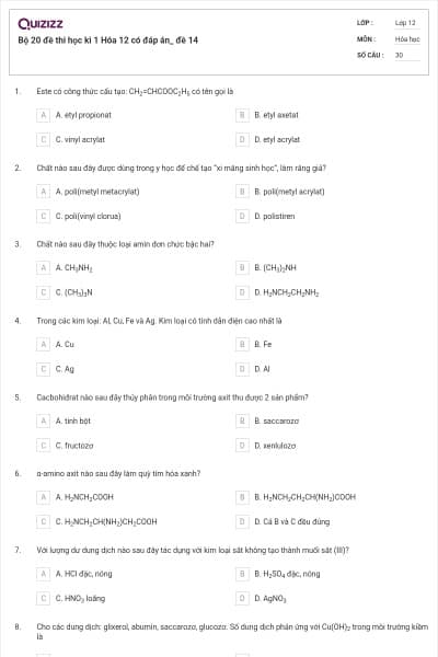 Bộ 20 đề thi học kì 1 Hóa 12 có đáp án_ đề 14