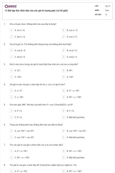 12 Bài tập Xác định dấu của các giá trị lượng giác (có lời giải)