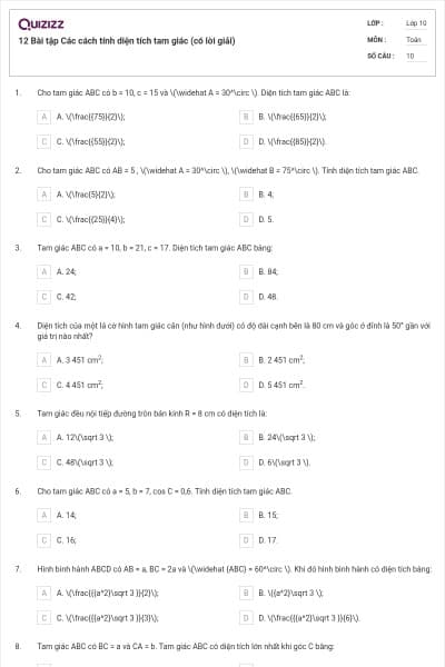 12 Bài tập Các cách tính diện tích tam giác (có lời giải)