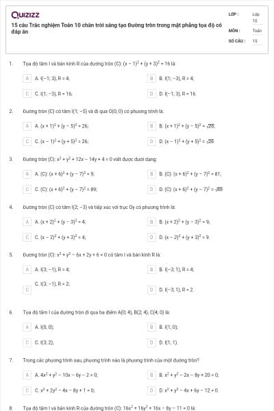 15 câu  Trắc nghiệm Toán 10 chân trời sáng tạo Đường tròn trong mặt phẳng tọa độ có đáp án