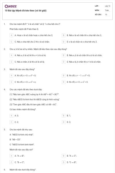 10 Bài tập Mệnh đề kéo theo (có lời giải)