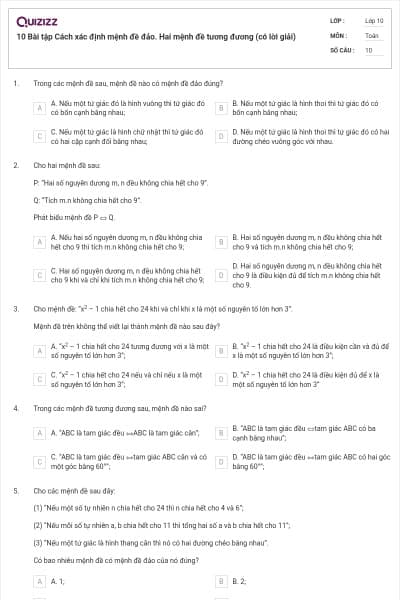 10 Bài tập Cách xác định mệnh đề đảo. Hai mệnh đề tương đương (có lời giải)