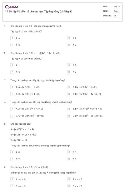 10 Bài tập Số phần tử của tập hợp. Tập hợp rỗng (có lời giải)
