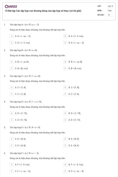 10 Bài tập Các tập hợp con thường dùng của tập hợp số thực (có lời giải)