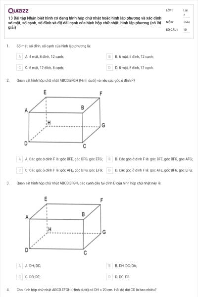 13 Bài tập Nhận biết hình có dạng hình hộp chữ nhật hoặc hình lập phương và xác định số mặt, số cạnh, số đỉnh và độ dài cạnh của hình hộp chữ nhật, hình lập phương (có lời giải)