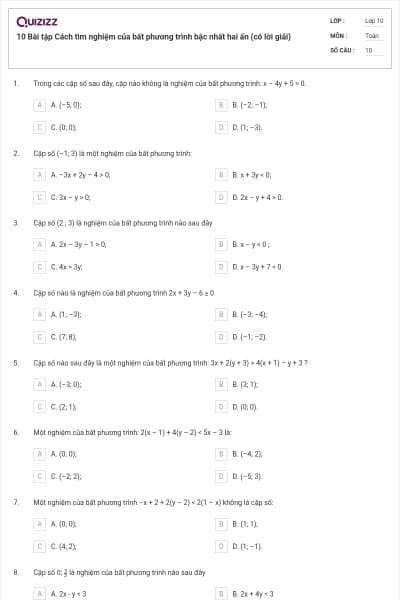 10 Bài tập Cách tìm nghiệm của bất phương trình bậc nhất hai ẩn (có lời giải)