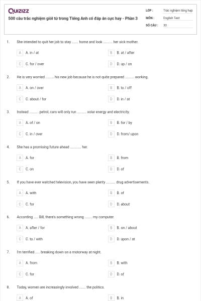 500 câu trắc nghiệm giới từ trong Tiếng Anh có đáp án cực hay - Phần 3