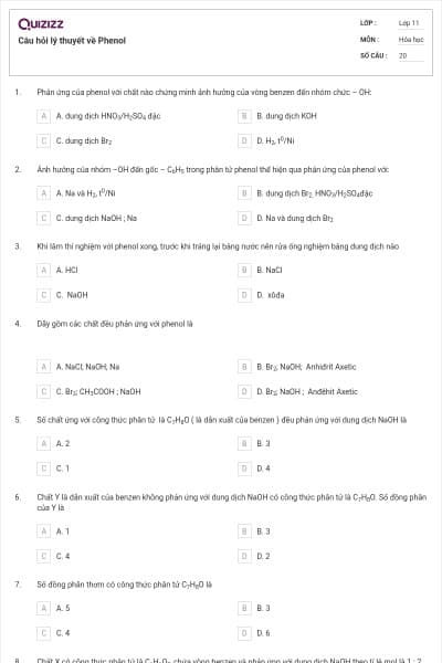 Câu hỏi lý thuyết về Phenol