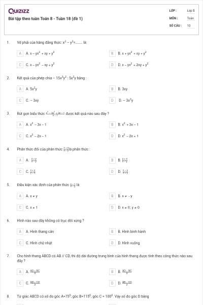 Bài tập theo tuần Toán 8 - Tuần 18 (đề 1)