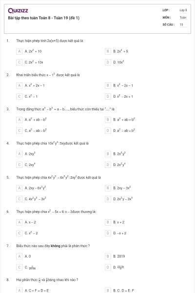 Bài tập theo tuần Toán 8 - Tuần 19 (đề 1)