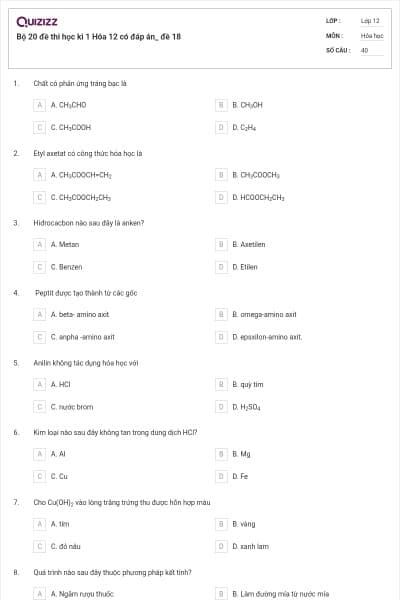 Bộ 20 đề thi học kì 1 Hóa 12 có đáp án_ đề 18