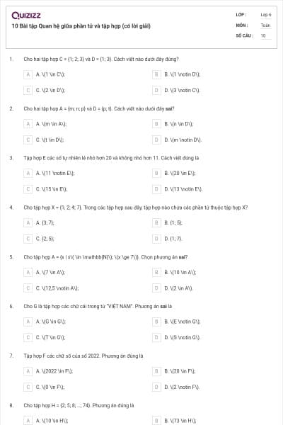 10 Bài tập Quan hệ giữa phần tử và tập hợp (có lời giải)