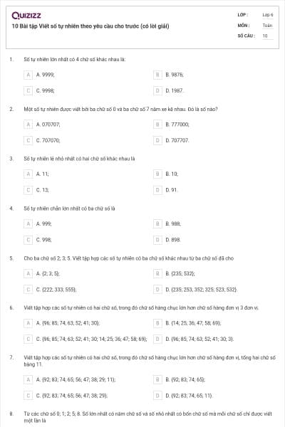 10 Bài tập Viết số tự nhiên theo yêu cầu cho trước (có lời giải)