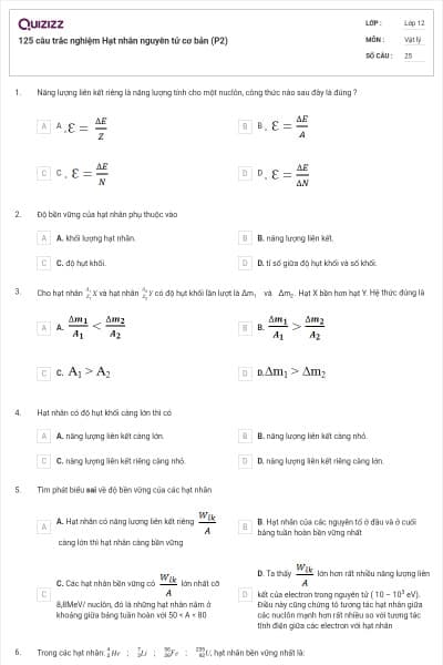 125 câu trắc nghiệm Hạt nhân nguyên tử cơ bản (P2)