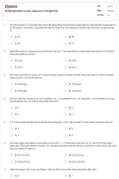 98 Bài tập Anken cơ bản, nâng cao có lời giải (P4)