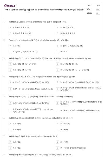 10 Bài tập Biểu diễn tập hợp các số tự nhên thỏa mãn điều kiện cho trước (có lời giải)