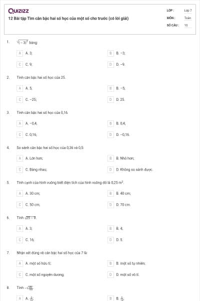 12 Bài tập Tìm căn bậc hai số học của một số cho trước (có lời giải)
