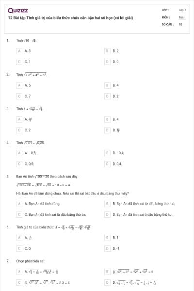 12 Bài tập Tính giá trị của biểu thức chứa căn bậc hai số học (có lời giải)