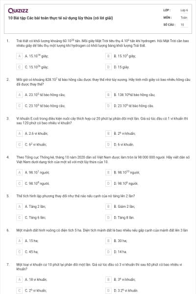 10 Bài tập Các bài toán thực tế sử dụng lũy thừa (có lời giải)