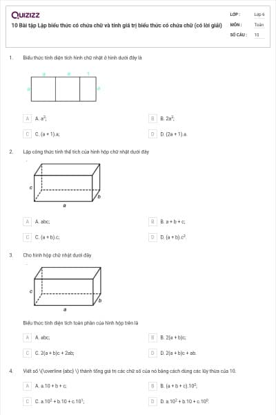 10 Bài tập Lập biểu thức có chứa chữ và tính giá trị biểu thức có chứa chữ (có lời giải)