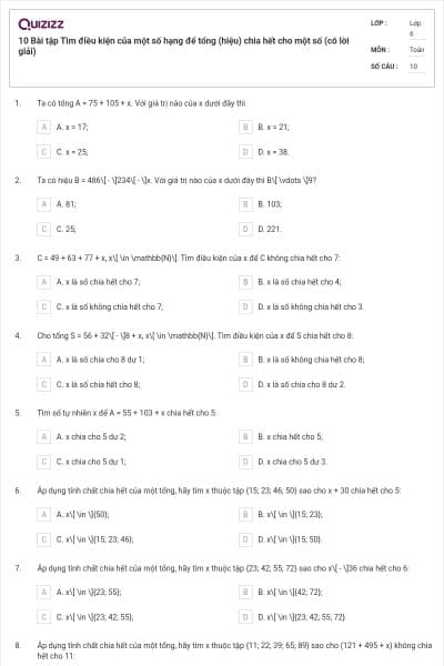 10 Bài tập Tìm điều kiện của một số hạng để tổng (hiệu) chia hết cho một số (có lời giải)