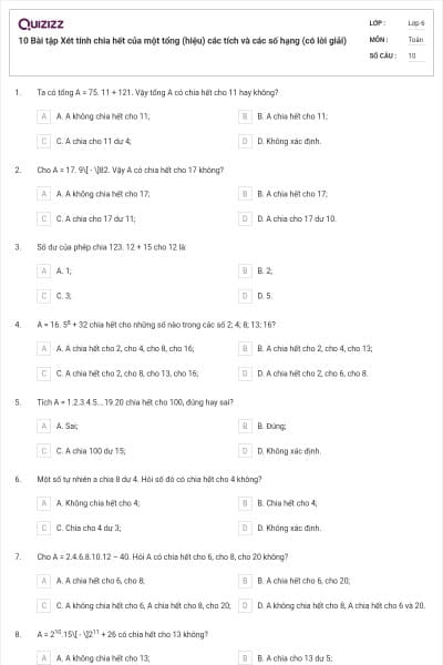 10 Bài tập Xét tính chia hết của một tổng (hiệu) các tích và các số hạng (có lời giải)