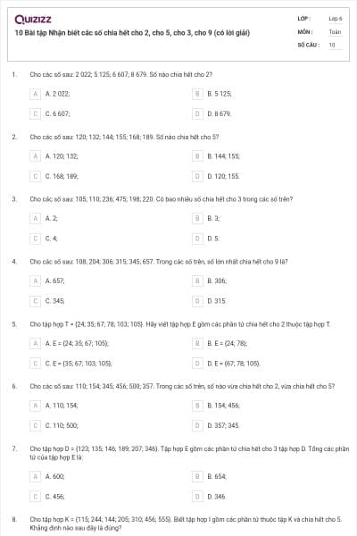 10 Bài tập Nhận biết các số chia hết cho 2, cho 5, cho 3, cho 9 (có lời giải)