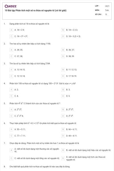 10 Bài tập Phân tích một số ra thừa số nguyên tố (có lời giải)