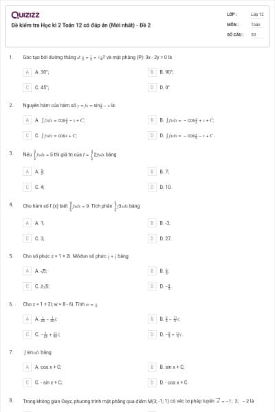 Đề kiểm tra Học kì 2 Toán 12 có đáp án (Mới nhất) - Đề 2
