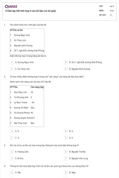 14 Bài tập Xét tính hợp lí của dữ liệu (có lời giải)