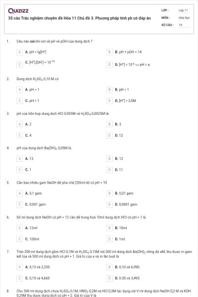 35 câu  Trắc nghiệm chuyên đề Hóa 11 Chủ đề 3. Phương pháp tính ph có đáp án