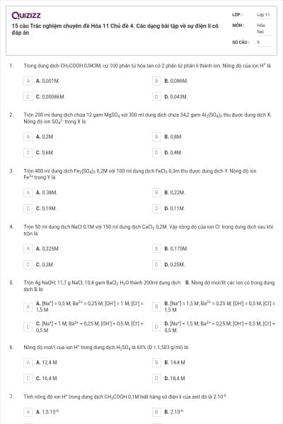 15 câu  Trắc nghiệm chuyên đề Hóa 11 Chủ đề 4. Các dạng bài tập về sự điện li có đáp án