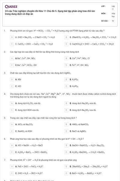 24 câu Trắc nghiệm chuyên đề Hóa 11 Chủ đề 5. Dạng bài tập phản ứng trao đổi ion trong dung dịch có đáp án