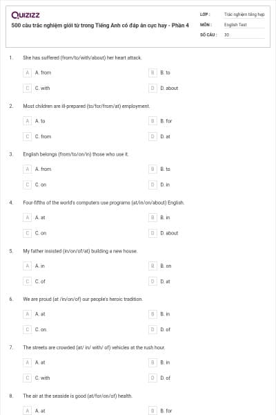 500 câu trắc nghiệm giới từ trong Tiếng Anh có đáp án cực hay - Phần 4