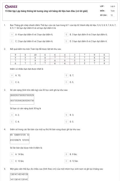 15 Bài tập Lập bảng thống kê tương ứng với bảng dữ liệu ban đầu (có lời giải)