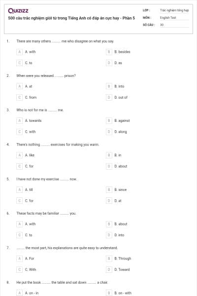 500 câu trắc nghiệm giới từ trong Tiếng Anh có đáp án cực hay - Phần 5