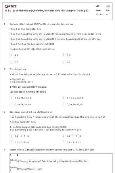 13 Bài tập Vẽ hình chữ nhật, hình thoi, hình bình hành, hình thang cân (có lời giải)