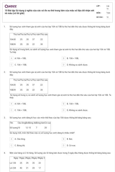 10 Bài tập Sử dụng ý nghĩa của các số đo xu thế trung tâm của mẫu số liệu để nhận xét về mẫu (có lời giải)