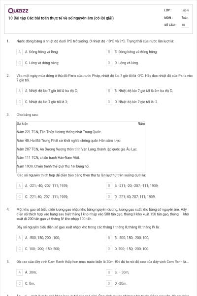 10 Bài tập Các bài toán thực tế về số nguyên âm (có lời giải)