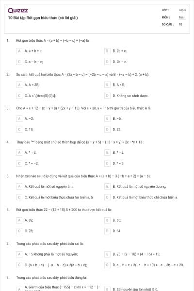 10 Bài tập Rút gọn biểu thức (có lời giải)