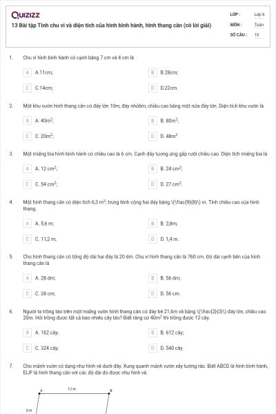 13 Bài tập Tính chu vi và diện tích của hình bình hành, hình thang cân (có lời giải)